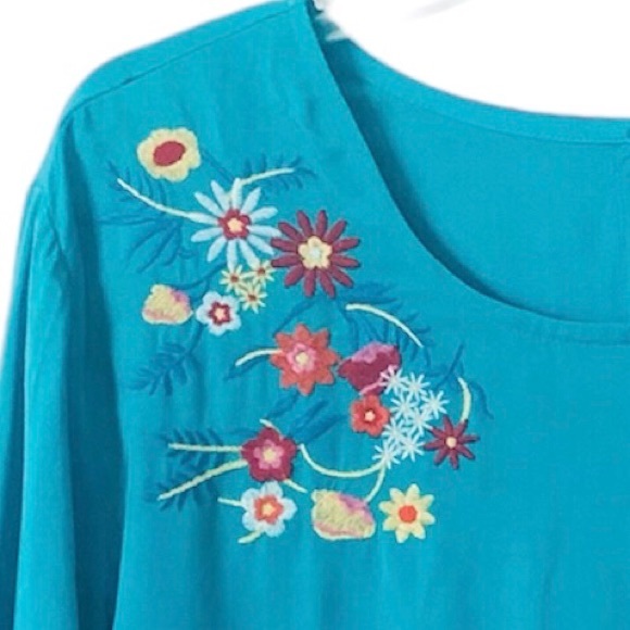 This & That Women’s Teal Floral Embroidered Shortsleeved Free-flowing Blouse - Picture 4 of 14